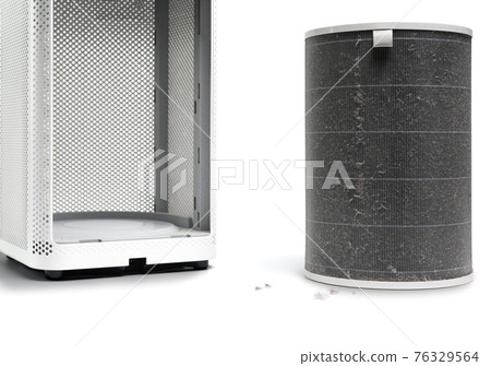 The filter of the air purifier have a lot of dust after use for long time  on white  background 76329564