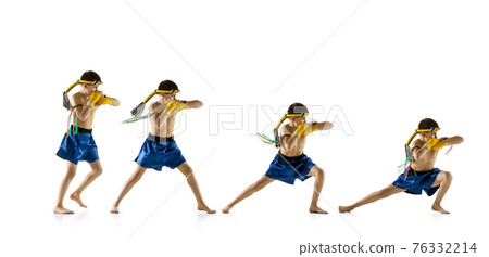 Little boy exercising thai boxing on white background. Fighter practicing, training in martial arts in action, motion. Evolution of movement, catching moment. Little boy exercising thai boxing on white background. Fighter practicing, training in martial arts in action, motion. Evolution of movement, catching moment. 76332214