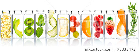Homemade skin care with fruits ingredients avocado ,orange ,blueberry ,pomegranate ,kiwi ,lemon slice ,cucumber ,tamarind ,strawberry and raspberry in glass bottles isolated on white background. Homemade skin care with fruits ingredients avocado ,orange ,blueberry ,pomegranate ,kiwi ,lemon slice ,cucumber ,tamarind ,strawberry and raspberry in glass bottles isolated on white background. 76332472