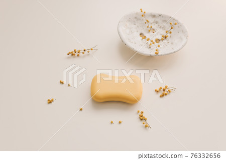 handmade natural spa organic soap with flowers on ceramic soap dish on white background 76332656