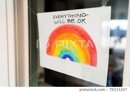 Coronavirus Rainbow campaign painting hanging at home window to spread positivity with message EVERYTHING WILL BE OK in english. UK, USA, Australia. 76333207