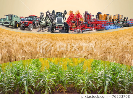 Collage about farm, agriculture, farming. Concept of equipment readiness for agricultural work - for sowing and harvesting wheat 76333708