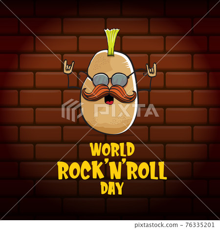 World rock n roll day poster with potato cartoon character isolated on brick wall background. Rock n roll day poster design template World rock n roll day poster with potato cartoon character isolated on brick wall background. Rock n roll day poster design template 76335201