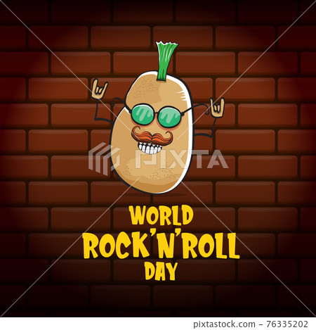 World rock n roll day poster with potato cartoon character isolated on brick wall background. Rock n roll day poster design template 76335202