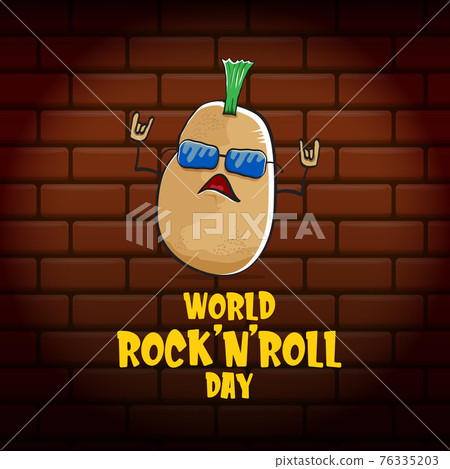 World rock n roll day poster with potato cartoon character isolated on brick wall background. Rock n roll day poster design template World rock n roll day poster with potato cartoon character isolated on brick wall background. Rock n roll day poster design template 76335203
