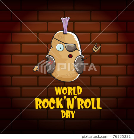 World rock n roll day poster with potato cartoon character isolated on brick wall background. Rock n roll day poster design template 76335221