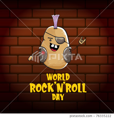 World rock n roll day poster with potato cartoon character isolated on brick wall background. Rock n roll day poster design template 76335222