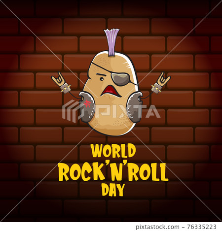 World rock n roll day poster with potato cartoon character isolated on brick wall background. Rock n roll day poster design template 76335223