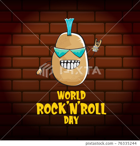 World rock n roll day poster with potato cartoon character isolated on brick wall background. Rock n roll day poster design template 76335244