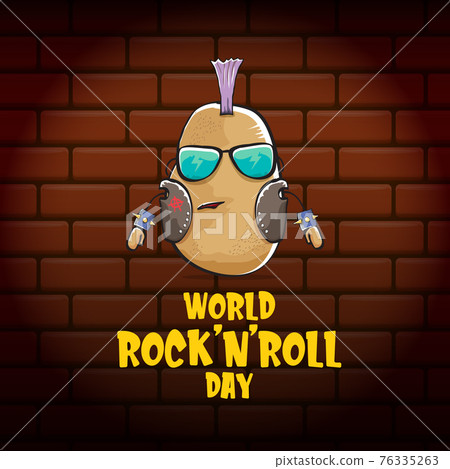 World rock n roll day poster with potato cartoon character isolated on brick wall background. Rock n roll day poster design template 76335263