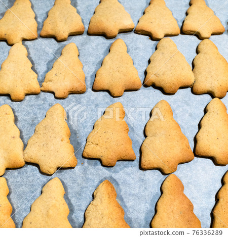 freshly baked Christmas tree-shaped cookies 76336289