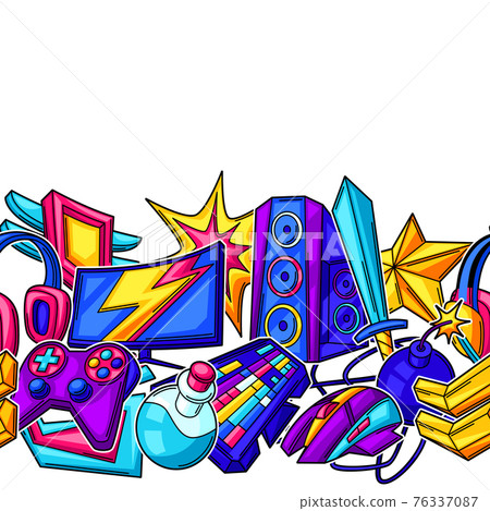 Seamless pattern with gaming items. Cyber sports, computer games, fun recreation. Seamless pattern with gaming items. Cyber sports, computer games, fun recreation. 76337087