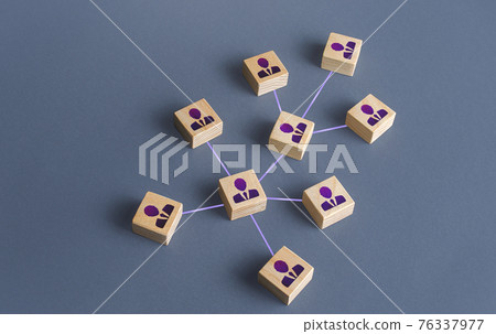 People connected by a network business structure. Interaction between employees or community members. Networking personnel management. Distribution responsibilities. Company hierarchy communication 76337977