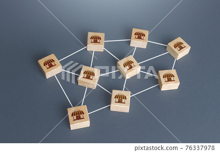 Blocks of networked commercial stores or shops. Franchising concept. Business franchise empire. Area coverage availability system. Logistics and supply. Commercial association. Retail network. Blocks of networked commercial stores or shops. Franchising concept. Business franchise empire. Area coverage availability system. Logistics and supply. Commercial association. Retail network. 76337978