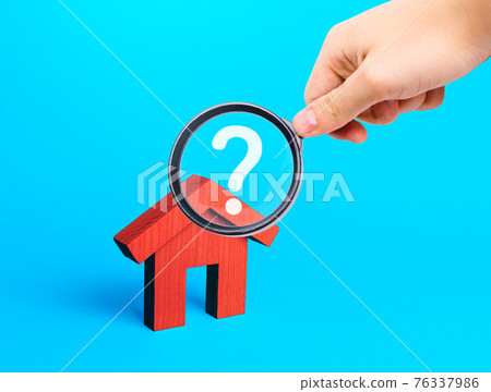 Realtor examines houses through a magnifying glass. Real estate market review. Quality of housing and availability of infrastructure. Verification of declared compliance. Price, location, legality 76337986