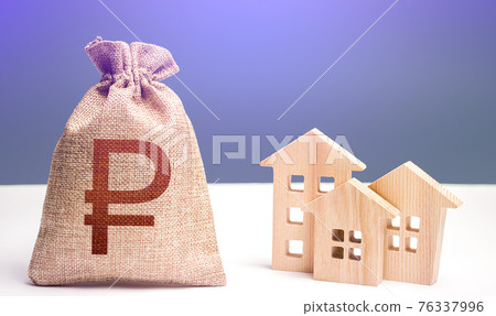 Russian ruble money bag and residential buildings. City municipal budget. Mortgage loan. Property tax. Purchase of housing. Investment in real estate. Costs of service and maintaining. Russian ruble money bag and residential buildings. City municipal budget. Mortgage loan. Property tax. Purchase of housing. Investment in real estate. Costs of service and maintaining. 76337996