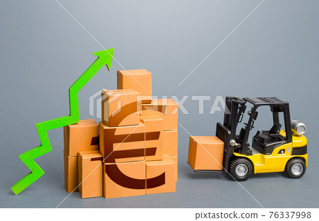 Forklift and stack of boxes with euro symbol and green up arrow. Sales growth concept. Production, freight of goods. Increase imports and exports, economic recovery. World trade traffic. High income Forklift and stack of boxes with euro symbol and green up arrow. Sales growth concept. Production, freight of goods. Increase imports and exports, economic recovery. World trade traffic. High income 76337998