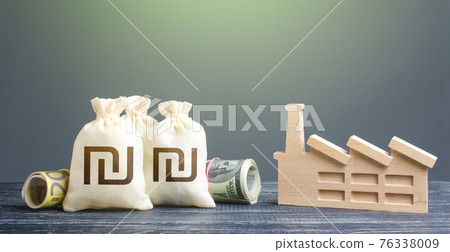 Israeli shekel money bags and industrial factory. Investments in production and energy industry. Subsidies support for businesses. Concession auction tender. Budget forming economy subjects. Israeli shekel money bags and industrial factory. Investments in production and energy industry. Subsidies support for businesses. Concession auction tender. Budget forming economy subjects. 76338009