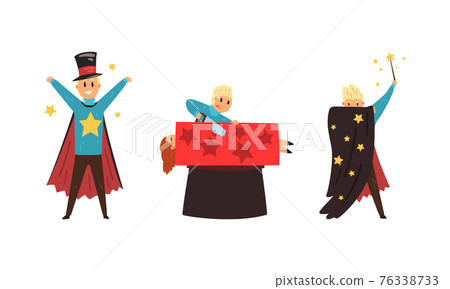 Blond Man Magician Showing Tricks and Focuses for Entertainment Vector Set 76338733