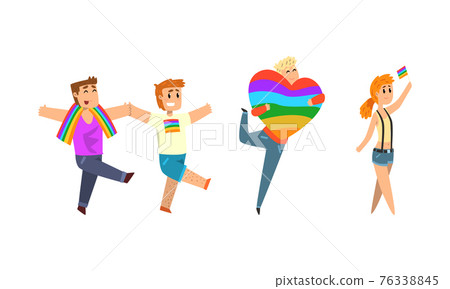 People Gay and Lesbian Characters as Lgbt Community Holding Flag and Participating in Pride Parade Vector Set 76338845