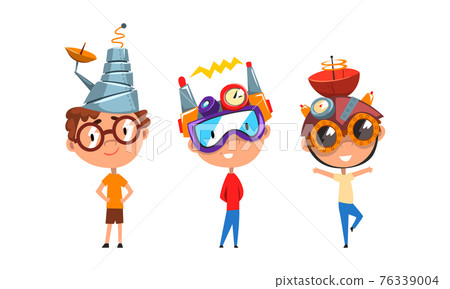 Boys in Steampunk Headgear Set, Scientist Children Working on Science Experiments Vector Illustration 76339004