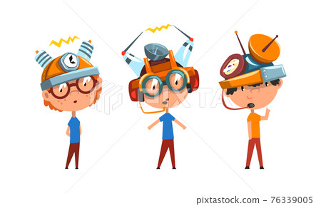 Cute Kids Wearing Steampunk Headgear Set, Scientist Children Working on Science Experiments Vector Illustration 76339005