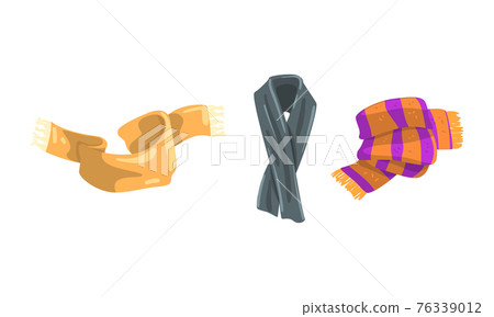 Scarf Collection, Garment for Cold Weather, Knitted Scarves for Winter and Autumn Season Vector Illustration 76339012
