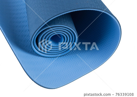 fragment of blue mat for fitness or hiking, close-up, on white background 76339108