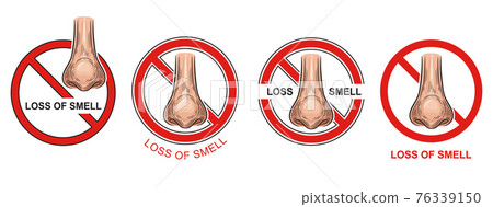 Anosmia, loss ability to smell icon set. Covid-19 infection. Respiratory disease symptom. Nose organ of scent with red warning sign. Difficulty perceiving odors. Colored symbols. Vector Anosmia, loss ability to smell icon set. Covid-19 infection. Respiratory disease symptom. Nose organ of scent with red warning sign. Difficulty perceiving odors. Colored symbols. Vector 76339150