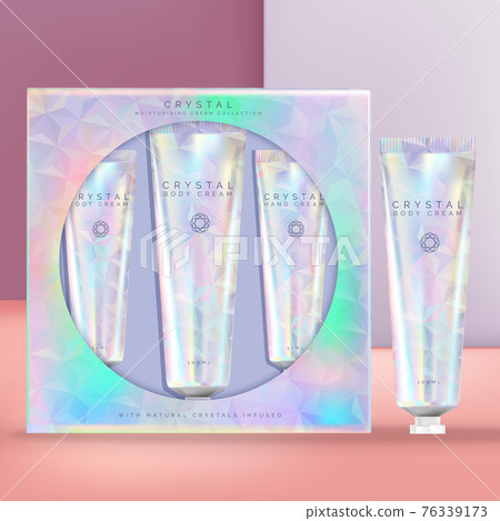 Vector Holographic or Iridescent Beauty Hand Cream Tube Set. Window Packaging Box, Geometric Crystal Theme. 76339173