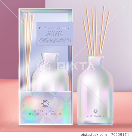 Vector Holographic or Iridescent Ceramic Reed Diffuser with Holographic Packaging Box and Acetate Sleeve. Geometric Crystal Theme. 76339174