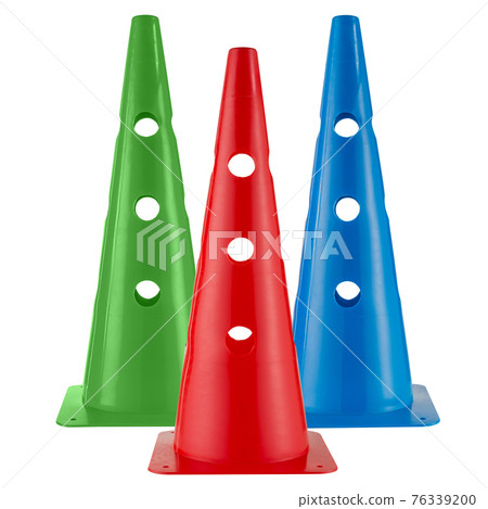 three colored sports cones, red, blue and green, stand on a white background three colored sports cones, red, blue and green, stand on a white background 76339200