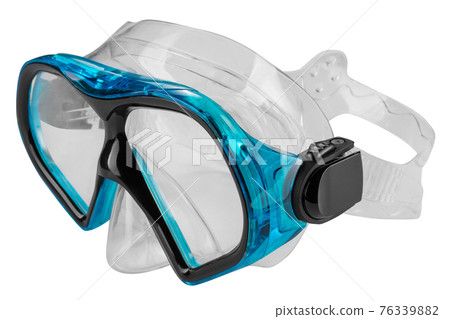 blue plastic snorkeling mask, with silicone shutter, diagonal arrangement, on a white background blue plastic snorkeling mask, with silicone shutter, diagonal arrangement, on a white background 76339882