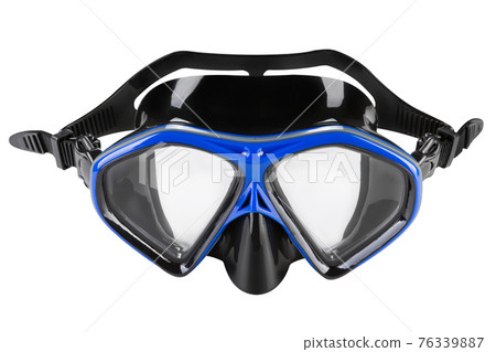 blue diving mask with black silicone shutter, frontal position, on a white background blue diving mask with black silicone shutter, frontal position, on a white background 76339887