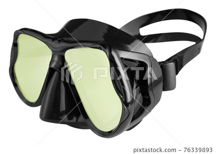 black mask for spearfishing or for swimming with a black silicone sealant, with mirrored glasses, on a white background 76339893