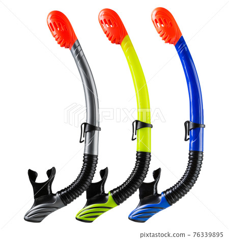 three colored breathing tubes for scuba diving, with upper and lower valves, on a white background three colored breathing tubes for scuba diving, with upper and lower valves, on a white background 76339895