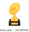 Winner rugby cup award on stand with empty plate, golden trophy logo isolated on white background 76340046