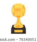 Winner baseball cup award on stand with empty plate, golden trophy logo isolated on white background 76340051