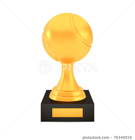 Winner tennis cup award on stand with empty plate, golden trophy logo isolated on white background 76340058