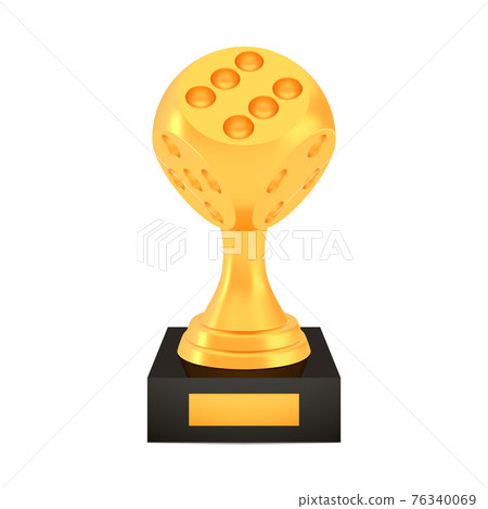 Winner dice cup award on stand with empty plate, golden trophy logo isolated on white background Winner dice cup award on stand with empty plate, golden trophy logo isolated on white background 76340069