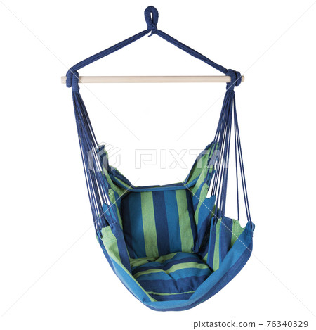 fabric hammock chair with blue and green stripes, on a white background, side view fabric hammock chair with blue and green stripes, on a white background, side view 76340329