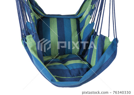 fabric hammock with blue and green stripes, on a white background, side view, close-up fabric hammock with blue and green stripes, on a white background, side view, close-up 76340330