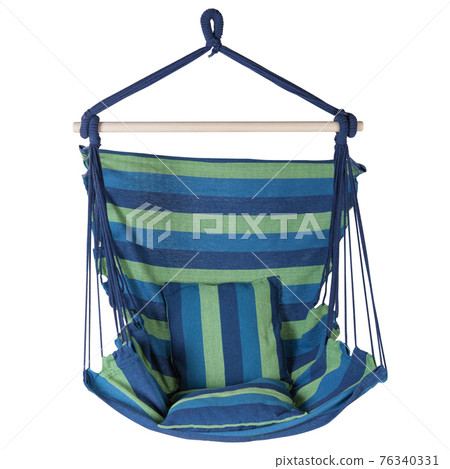 fabric hammock chair with blue and green stripes, on a white background, front location fabric hammock chair with blue and green stripes, on a white background, front location 76340331