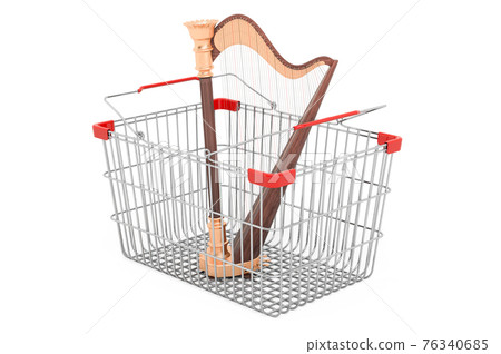 Shopping basket with harp, lyre. 3D rendering 76340685
