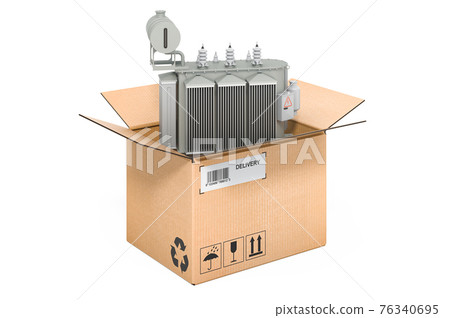 Oil-filled transformer inside cardboard box, delivery concept. 3D rendering 76340695