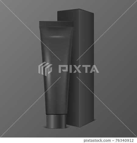Vector 3d Realistic Plastic, Metal Blck Tooth Paste, Cream Tube, Carton Packing Isolated on Dark Background. Design Template of Toothpaste, Cosmetics, Cream, Tooth Paste for Mockup. Front View Vector 3d Realistic Plastic, Metal Blck Tooth Paste, Cream Tube, Carton Packing Isolated on Dark Background. Design Template of Toothpaste, Cosmetics, Cream, Tooth Paste for Mockup. Front View 76340912