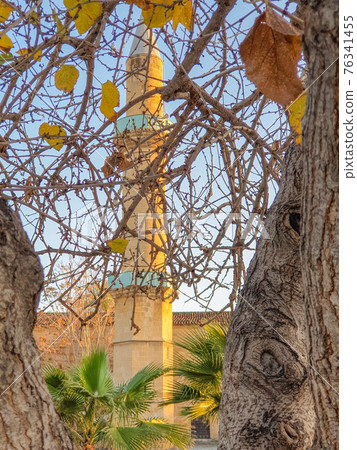 View of Omeriye Mosque minaret in Nicosia, Cyprus, through tree leaves and branches in a beautiful sunny afternoon. View of Omeriye Mosque minaret in Nicosia, Cyprus, through tree leaves and branches in a beautiful sunny afternoon. 76341455