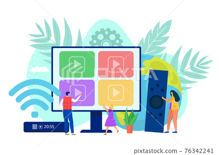 Smart computer tv by internet, digital media, vector illustration. Online television concept at big cartoon screen technology. Multimedia network app Smart computer tv by internet, digital media, vector illustration. Online television concept at big cartoon screen technology. Multimedia network app 76342241