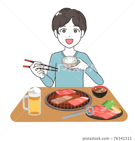 Beer men eating yakiniku 76342311