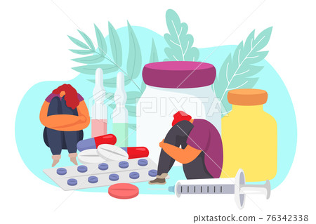Person with stress problem, flat drug addiction concept, vector illustration. Sad man woman character in depression, addict people despair 76342338